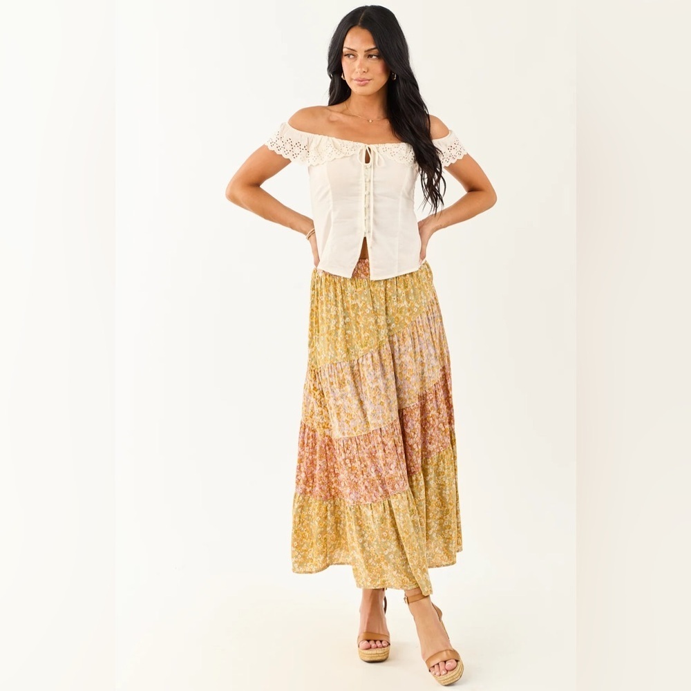 NWT Angie Clothing Boho Floral Print Mixed Media Maxi Skirt - Picture 10 of 14